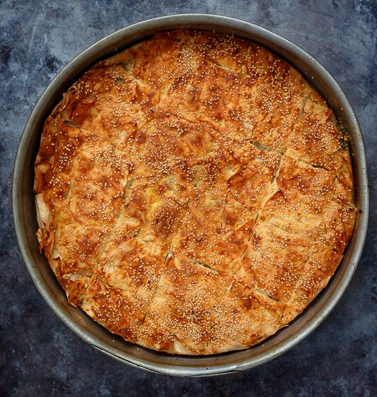 SPINACH AND FETA PIE MADE WITH FLAKY GOLDEN FILO PASTRY WITH A CREAMY SPINACH AND FETA FILLING 