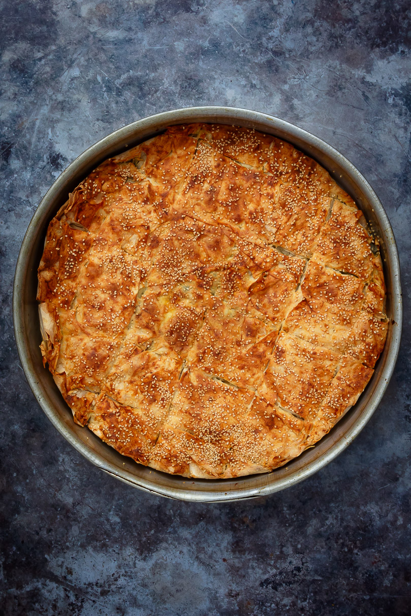 Spinach and Feta Pie with flaky golden filo pastry and creamy filling