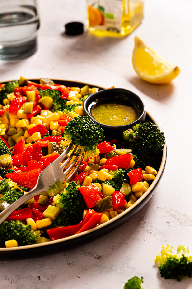 BROCCOLI SALAD WITH ROASTED PEPPERS AND SWEETCORN