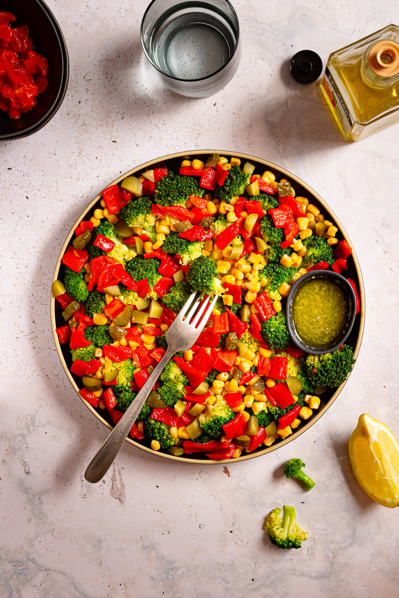 BROCCOLI SALAD WITH ROASTED PEPPERS AND SWEETCORN
