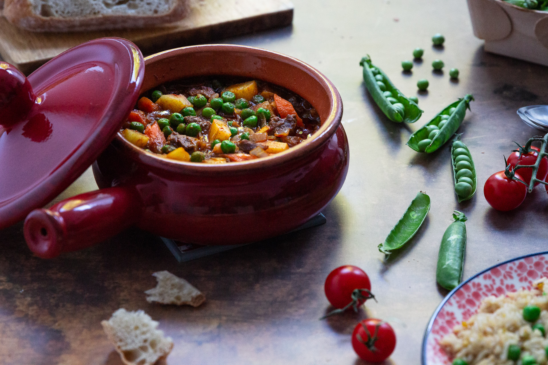 A hearty beef stew with peas, carrots and potatoes